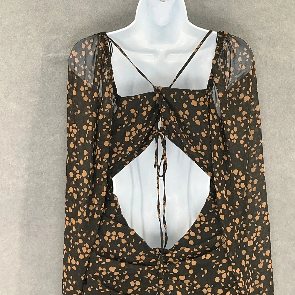 All in Favor Dress Black Tan‎ Patterned Babydoll Cinched Open Back Sz M Party